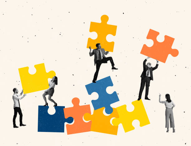 istock Contemporary art collage. Group of people making puzzles, team work 1359361384