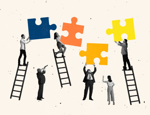 istock Contemporary art collage. Group of people making puzzles symbolizing team work 1359361385