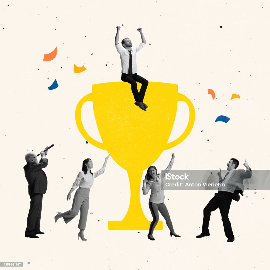 Creative design, contemporary art collage of group of people celebrating victory, dancing around gold cup trophy symbol Creative design, contemporary art collage of group of people celebrating victory, dancing around gold cup trophy symbol. Concept of win, competition, achievement, happiness, support. Copy space for ad Image Montage Stock Photo