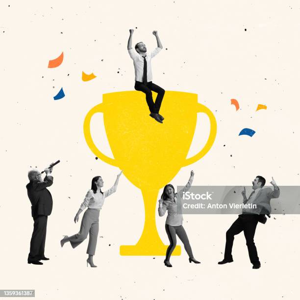 Creative Design Contemporary Art Collage Of Group Of People Celebrating Victory Dancing Around Gold Cup Trophy Symbol Stock Photo - Download Image Now