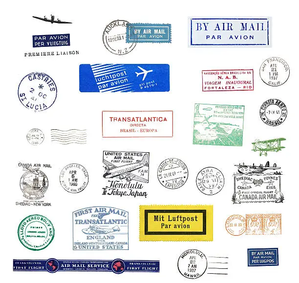 Vintage postage stamps and airmail labels from all over the world