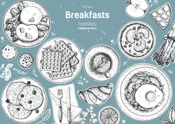 ilustraciones, imágenes clip art, dibujos animados e iconos de stock de desayunos marco de vista superior. diseño del menú de comida de la mañana. colección de platos de desayuno y brunch. boceto vintage dibujado a mano, ilustración vectorial. estilo grabado. - breakfast pancake oatmeal muffin