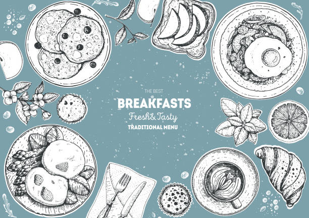 朝食トップビューフレーム。朝の食べ物のメニューデザイン。朝食とブランチ料理のコレクション。ヴィンテージ手描きスケッチ、ベクトルイラスト。彫刻されたスタイル。 - breakfast pancake oatmeal muffin点のイラスト素材／クリップアート素材／マンガ素材／アイコン素材