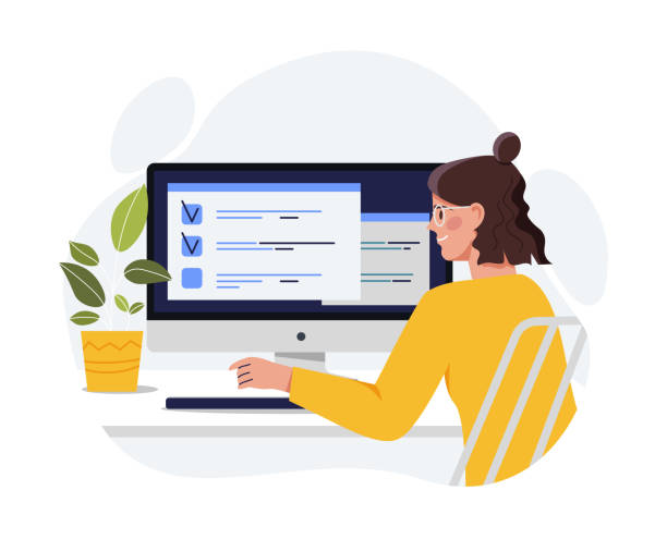 ilustraciones, imágenes clip art, dibujos animados e iconos de stock de formulario de llenado de mujeres - investigación ilustraciones
