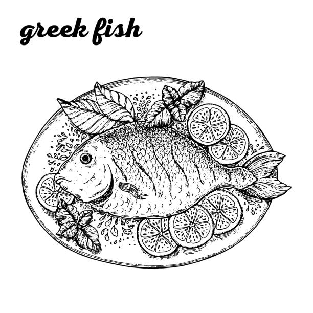 bildbanksillustrationer, clip art samt tecknat material och ikoner med greek fish hand drawn vector illustration. greek cuisine. linear graphic. food sketch. - tallrik med fisk