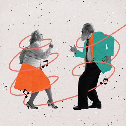 Contemporary art collage of dancing elder man and woman in retro styled clothes isolated over light background with drawings. Concept of art, music, fashion, party, creativity and ad