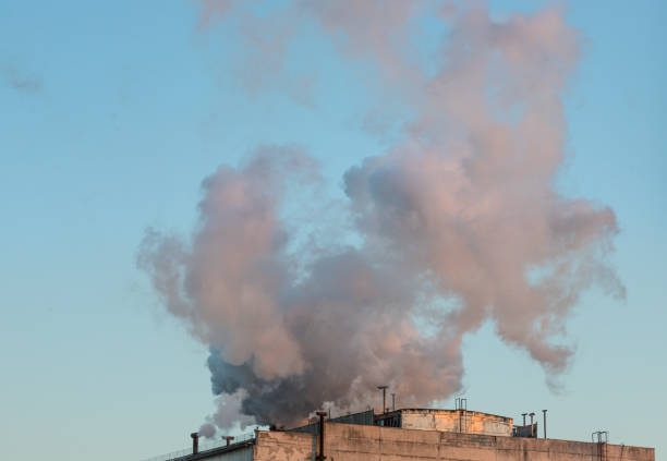 istock Brick chimney with white smoke over an industrial building 1359363940