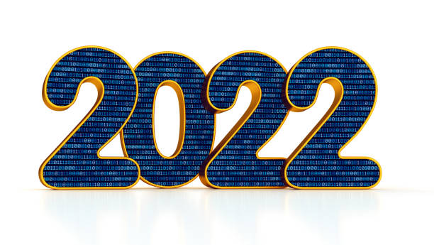 2022 year of digital technology. Happy New Year. Golden text with binary code isolated on the white background. Christmas background.