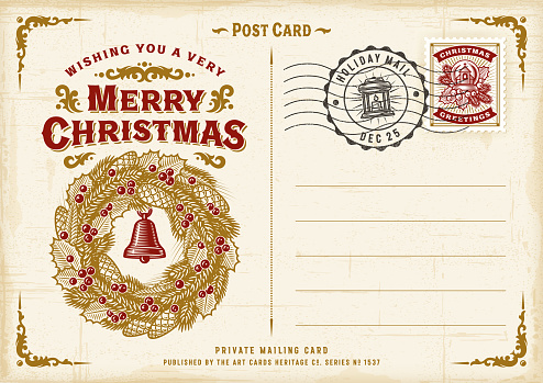 Vintage Merry Christmas postcard in retro woodcut style. Editable EPS10 vector illustration with gradient mesh and transparency.
