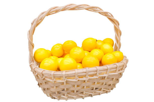 yellow lemons of new harvest in wicker basket isolated on white background