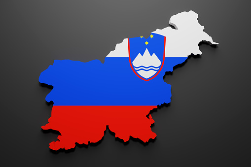 3d rendering of a Slovenia map shape with flag. Black background.