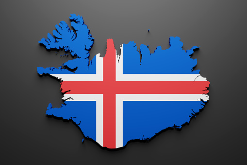 3d rendering of an Iceland  map shape with flag. Black background.