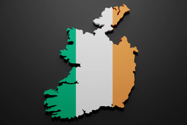 Ireland Map Outline with Irish Flag on White with Shadows 3D Illustration