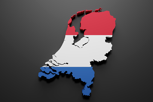 3d rendering of a Netherland map shape with flag. Black background.