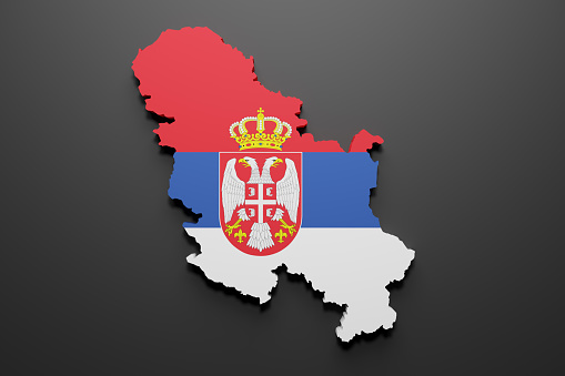 3d rendering of a Serbia map shape with flag. Black background.