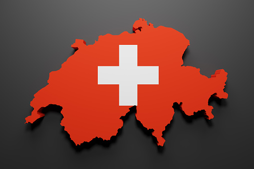 3d rendering of a Switzerland map shape with flag. Black background.