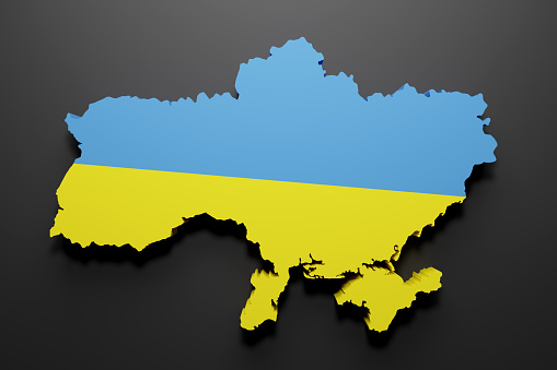 3d rendering of an Ukraine map shape with flag. Black background.