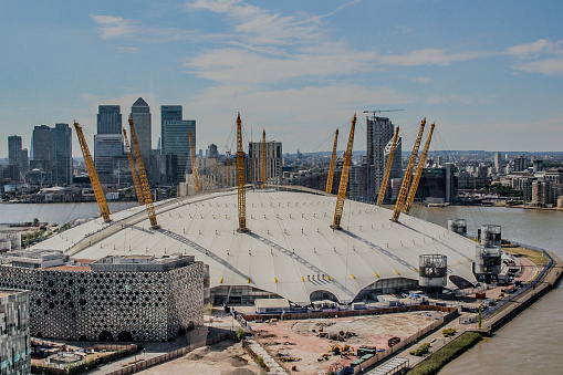 Aerial view of River Thames, North Greenwich and the Docklands