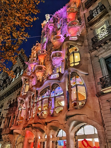 December 16, 2021 - Barcelona, Spain: Night outdoor view Gaudi's creation-house Casa Batllo. Barcelona. Spain