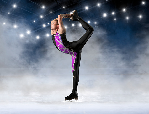 Biellmann spin. Man figure skating in action. Sports banner. Horizontal copy space background