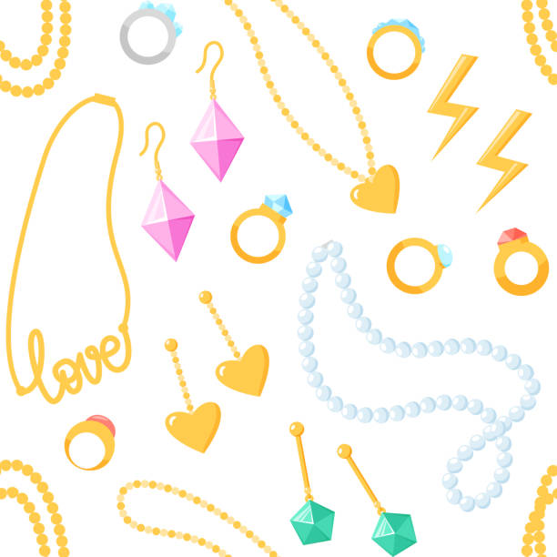 Seamless pattern with jewellery. Repeated background with bracelets, earrings, necklaces and rings. Accessories and bijouterie wallpaper. Flat vector Seamless pattern with jewellery. Repeated background with bracelets, earrings, necklaces and rings. Accessories and bijouterie wallpaper. Flat design vector diamonds-and-pearls-background stock illustrations