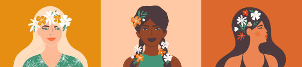 ilustrações de stock, clip art, desenhos animados e ícones de set of vector portraits of beautiful women with flower in hair - coroa de flores