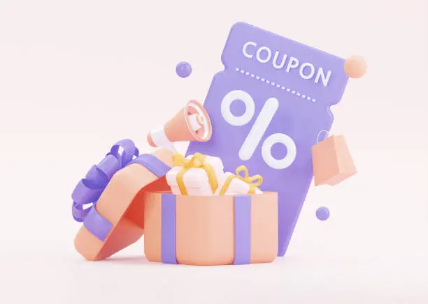 Coupons on different discounts. With flying coins and gifts. 3D rendering.
