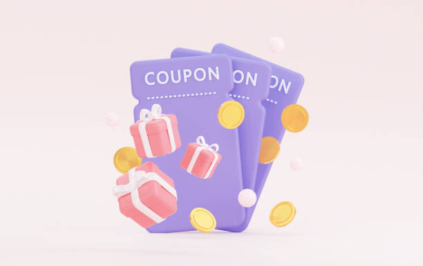 istock Coupons on different discounts. With flying coins and gifts. 3D rendering 1359373455