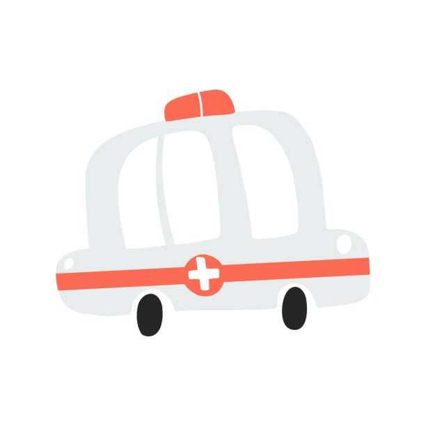 만화 손으로 그린 스타일로 흰색 배경에 고립 된 구급차 자동차의 벡터 그림. 보육, 아기 의류, 섬유 및 제품 디자인, 벽지, 포장지, 카드, 스크랩 북을위한 유치한 운송 아이콘 - ambulance mini van speed emergency sign stock illustrations