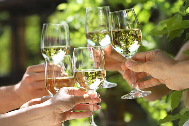 istock People holding glasses of white wine making a toast 135937584