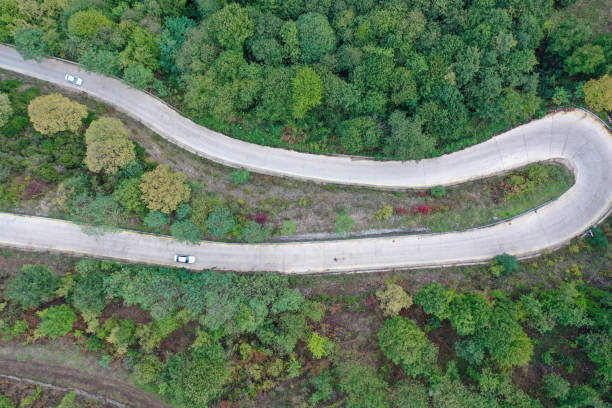 istock Winding Road. Idyllic winding road through forest. aerial view 1359377109
