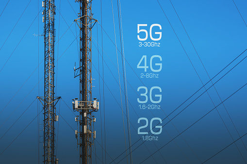Cellular tower with text overlay. Composite image.
