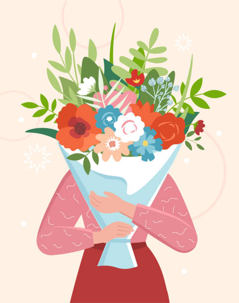 ilustraciones, imágenes clip art, dibujos animados e iconos de stock de persona con flores - ramos