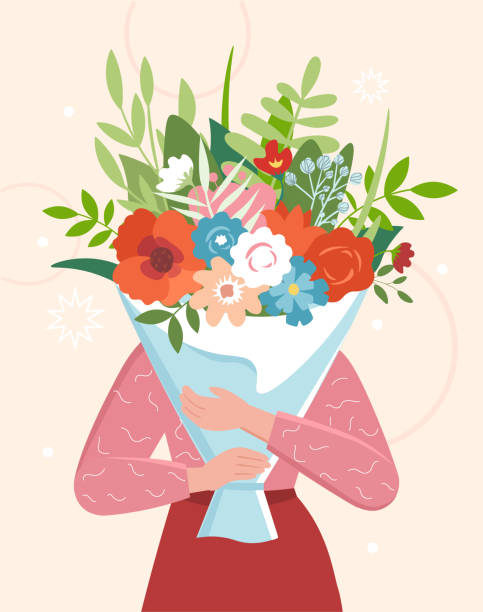 Person with flowers Person with flowers. Character covers his face with large bouquet, nature and love for plants, floristry. Gift to beloved wife or girlfriend, holidays, present. Cartoon flat vector illustration bouquet stock illustrations
