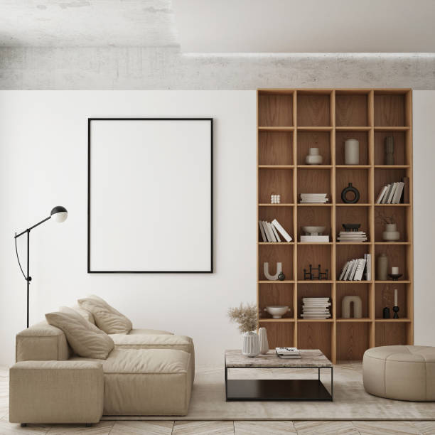 istock mock up poster frame in modern interior background, living room, Scandinavian style, 3D render, 3D illustration 1359379319