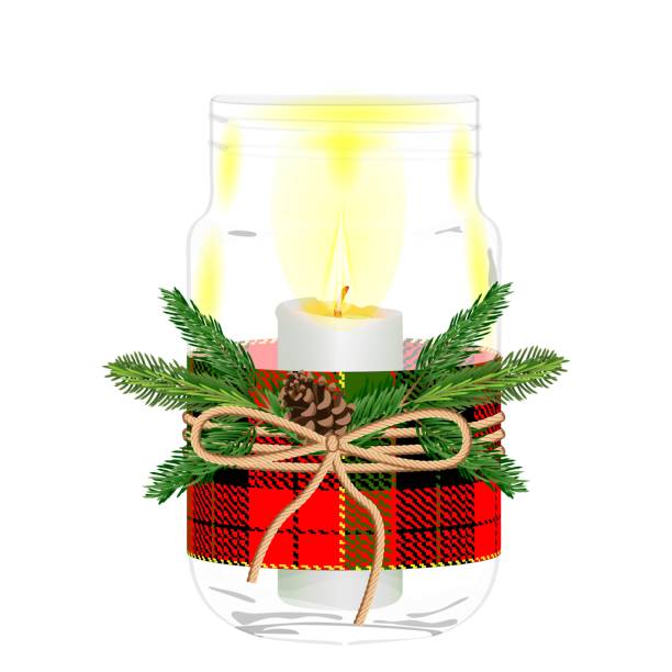 スコットランドのケージにリボンで包まれたジャーは、ロープで結ばれ、モミの枝で飾られ、バナー、ポスター、ソーシャルメディア用のコーン。クリスマス、新年。白い背景に分離された� - pine tree pine cone branch isolated点のイラスト素材／クリップアート素材／マンガ素材／アイコン素材