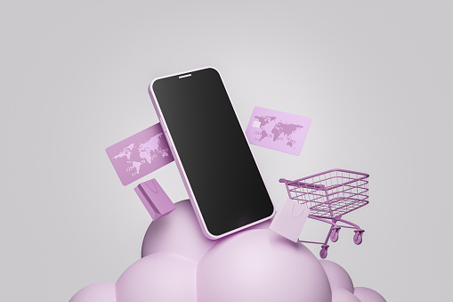 mobile phone on a cloud of spheres with a shopping cart and credit cards around it. concept of online shopping, offers and business. 3d rendering