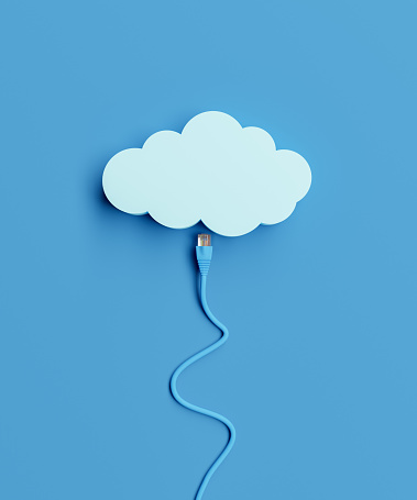 cartoon cloud with an ethernet cable going to it. concept of cloud storage, internet and technology. 3d rendering