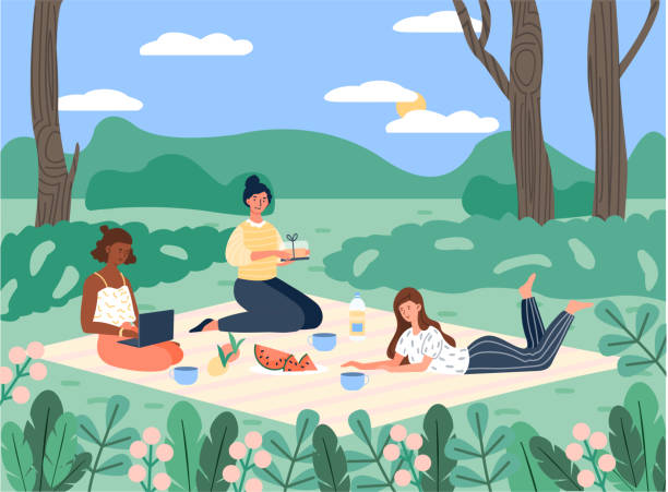 ilustrações de stock, clip art, desenhos animados e ícones de spending summer time outdoor - picnic summer break relaxation