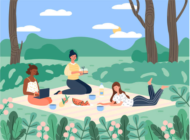 Spending summer time outdoor Spending summer time outdoor. Girlfriends went out for picnic, active lifestyle, outdoor recreation. Nice weekend, lovely weather. Nature, park, fresh air, rest. Cartoon flat vector illustration picnic stock illustrations