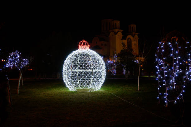 Christmas fair. Multicolored bright decorations.