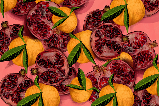 Fruit background lemons, oranges and pomegranates