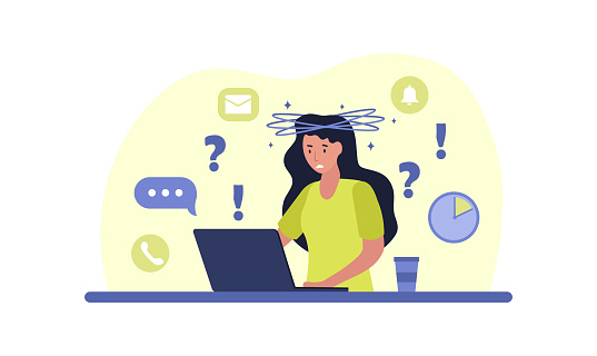 Confused woman concept. Girl sits at laptop, and around question mark. Character tired at work. Problem, mental impasse. Worker needs support. Coworking space. Cartoon flat vector illustration