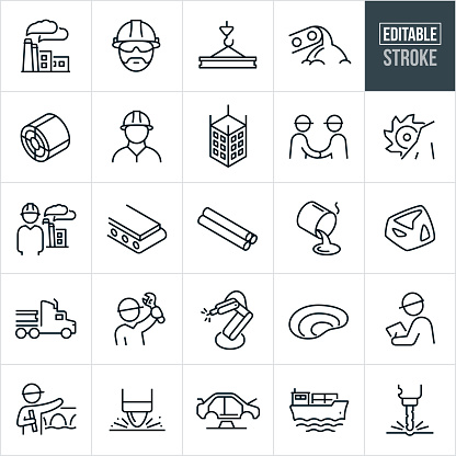 A set of steel industry icons that include editable strokes or outlines using the EPS vector file. The icons include a steel mill, steel factory worker, ironworkers, steel beam, alloy mine, roll of steel, steel construction frame, conveyor belt, iron rods, metal smelter, iron ore, transportation of steel, robotic welder, steel worker with tools, mine, factory inspector, engineer and bridge, spot welder, automotive manufacturing, car frame, shipping barge, drill press and others.