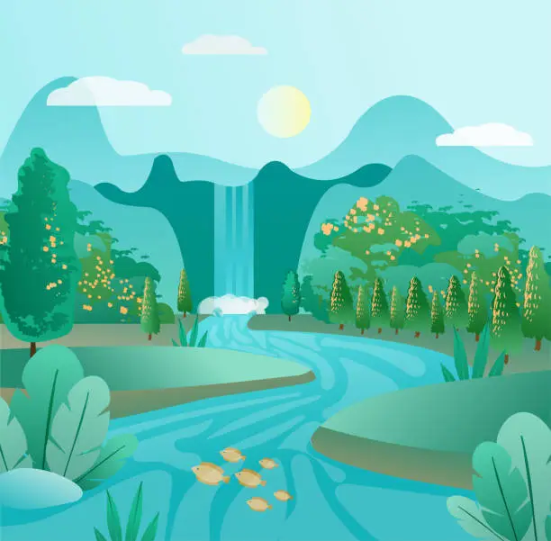 Vector illustration of Landscape with waterfall