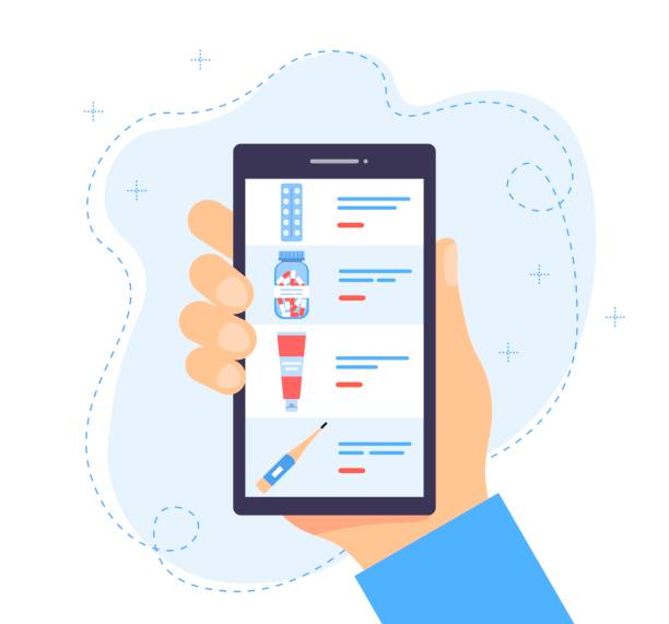 человеческая рука, держащая смартфон при заказе лекарств. интернет-аптека. доставка лекарств онлайн. мобильный сервис или приложение для п� - pharmacy measuring prescription medicine medicine stock illustrations