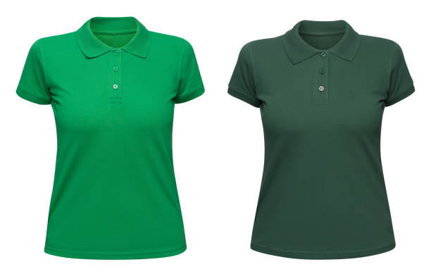 Template female green polo shirt isolated on white. Women t shirt blank as design mockup. Front view stock photo