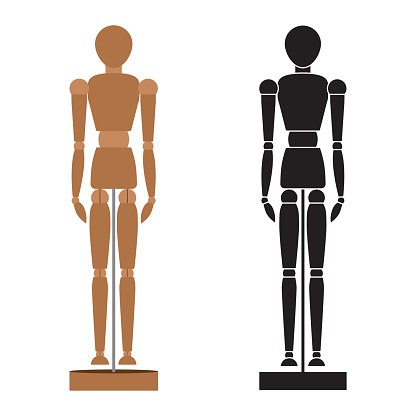 Wood artist drawing mannequin and articulated wooden manikin silhouette. Wooden humans figure for painters. Flexible body in standing pose.