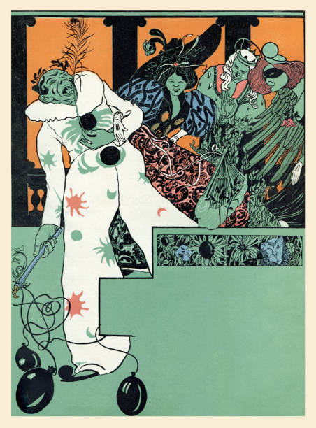 Clown pierrot with people at carnival art nouveau 1896 Art Nouveau is an international style of art, architecture, and applied art, especially the decorative arts, known in different languages by different names: Jugendstil in German, Stile Liberty in Italian, Modernisme català in Catalan, etc. In English it is also known as the Modern Style. The style was most popular between 1890 and 1910 during the Belle Époque period that ended with the start of World War I in 1914.
Original edition from my own archives
Source : Jugend Band 1 - 1896
Drawing : Ferd. Götz painted masquerade masks stock illustrations