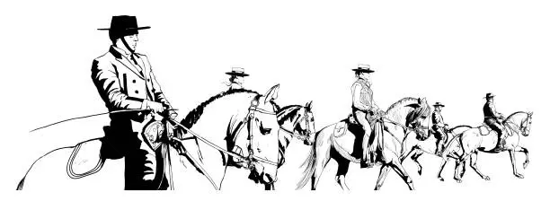 Vector illustration of Group of horsemen with hat riding